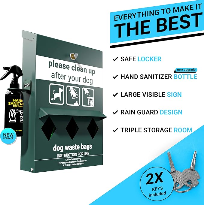 EMMA + OLIVER Locking Dog Waste Bag Dispenser with Glow in the Dark Sign | Hand Sanitizer Bottle and Rain Guard, 600 Roll Bags Include