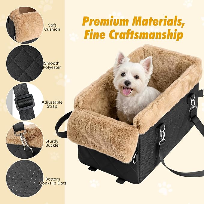VavoPaw Center Console Dog Car Seat for Small Dogs&Cats Under 12 LBS | Puppy Car Seats with Non-Slip&Strong Support,Anti-Collapse Portable Pet Bed for Puppies with Soft Cushion Safety Belt,Brown