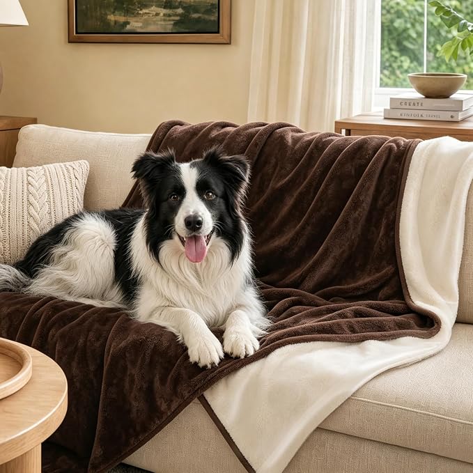 LOOBANI Waterproof Flannel Blanket for Bed, Twin Size 60"x80", Coffee | Double-Side Leak-Proof, Reversible, Stain-Proof Sofa Cover for Rest Movie Time, Furniture Protection, Medium Large Dogs