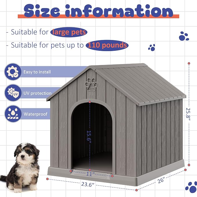 Bifanuo Outdoor Indoor Dog House for Small & Medium Dogs - Weatherproof Shelter with Elevated Floor, Hidden Vents & Tool-Free Assembly (Classic Grey, 26.18" L x 24.03" W x 25.98" H)