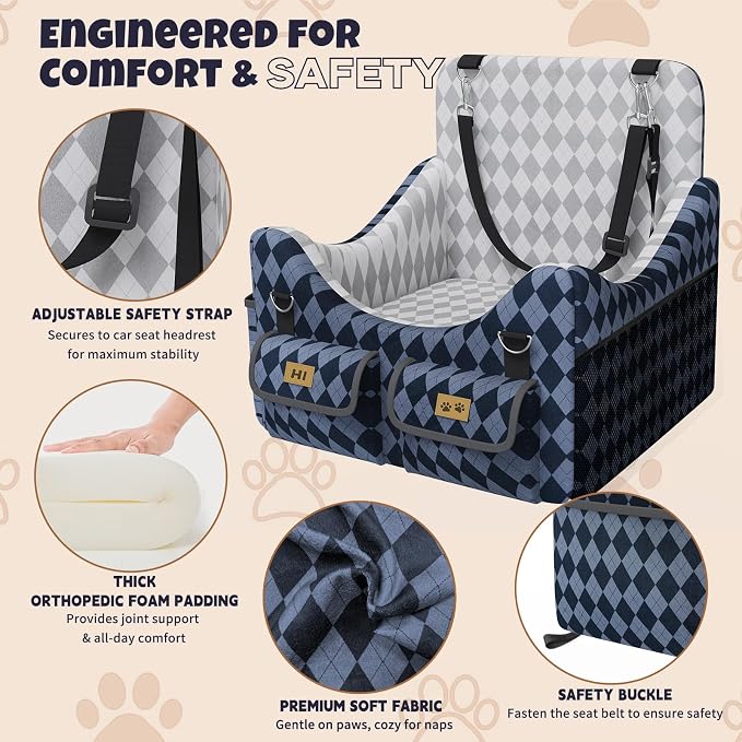 Dog Car Seat for Small/Medium Dogs up to 35lbs, 4-Pocket Storage Memory Foam Dog Booster Seat, Detachable Washable Pet Car Seat with Safety Belt, Outdoor & Indoor Use (Blue/Grey)