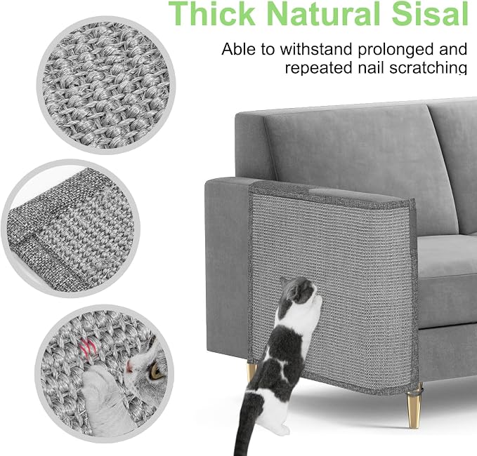 Cat Scratch Couch Protector,23.6" L*19.7" W Scratching Furniture Protector Pad,Cat Scratch Sofa Arm Sheild with Grey Natural Sisal for Protecting Couch Sofa Chair Furniture (Grey/Right Hand)