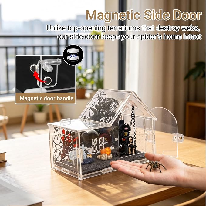 Acrylic Jumping Spider Enclosure Kit 16PCS with Decor | 19-pc gothic decor with dark plants, chain, hideout, for mantis & tarantula