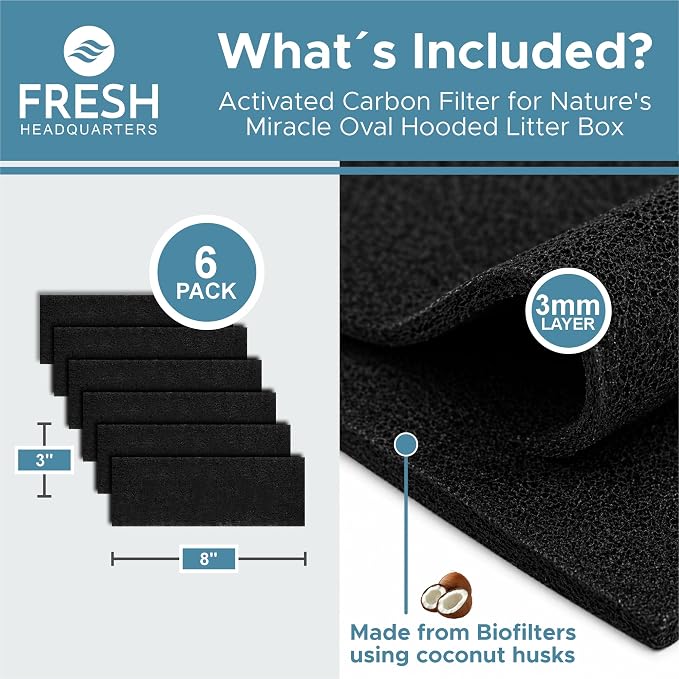 Fresh Headquarters 6-Pack Activated Carbon Cat Litter Box Filter Replacement for Nature's Miracle Oval Box - Charcoal Filters for Hooded Litter Boxes - Odor Control - Made in USA - 8" x 3"