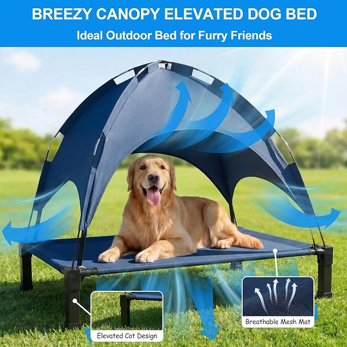 Elevated Dog Bed with Canopy, 42in Raised Pet Cot Large Sized Dog | Outdoor Dog Bed, Removable Sun Shade, Orthopedic, For Medium/Large Dogs up to 70lbs, Breathable Mesh,Camping Beach Backyard
