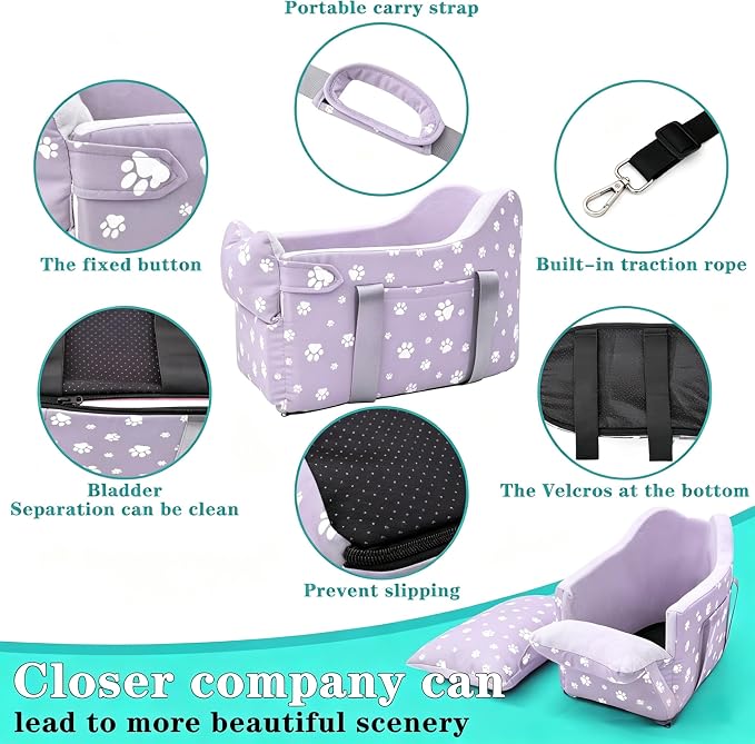 Center Console Dog Car Seat for Medium Dogs,Purple | Portable Armrest Booster With Soft Cushion Safety Belt, Up To 21 Lbs