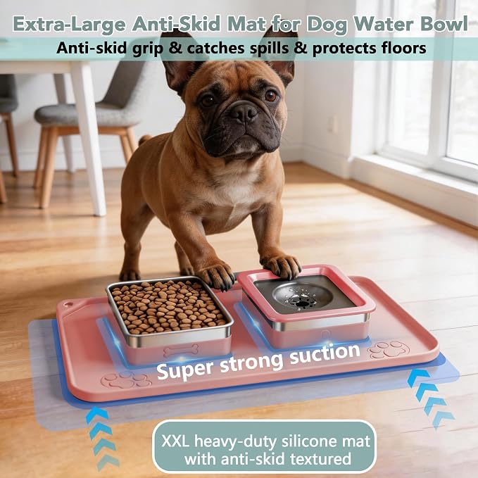 Dog Bowl Set, No Spill Dog Water and Food Bowl with Silicone Mat | Large Capacity 304 Stainless Steel Bowls, 2-In-1 Set, Slow Drinking, Anti-Slip Silicone Feeding Mat, Home/Travel, 6-7 Cups
