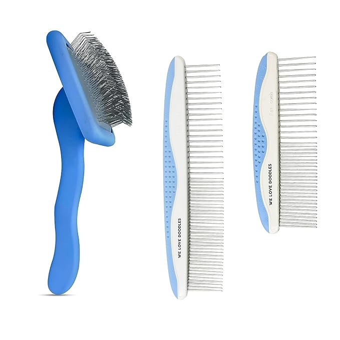 We Love Doodles Dog Grooming Comb Set & Large Dog Slicker Brush Bundle - Grooming Comb & Long Pin Brush for Dogs Kit - Removes Tangles & For Dematting - Brush for Shedding - Made in USA