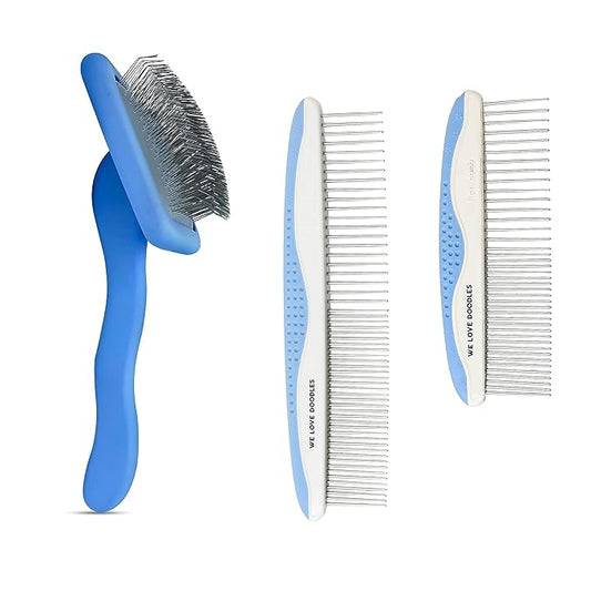 We Love Doodles Dog Grooming Comb Set & Large Dog Slicker Brush Bundle - Grooming Comb & Long Pin Brush for Dogs Kit - Removes Tangles & For Dematting - Brush for Shedding - Made in USA