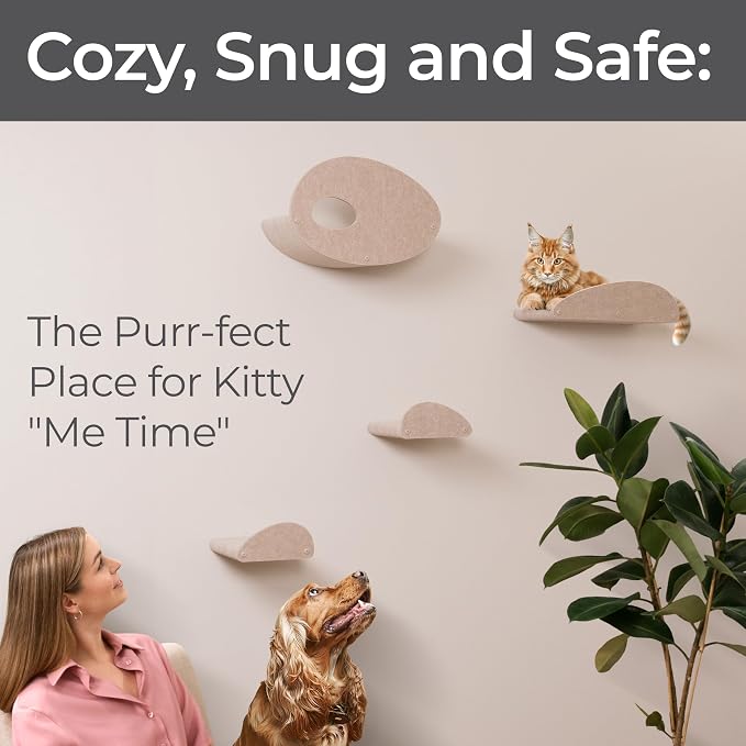Pryde Pets Wall Mounted Cat Shelves with Facade Covers (Set of 4) 100% Sustainable PET Felt Feline Enrichment Climbing Walkways Furniture with Privacy & Safety, Modern Design for Cats (Oatmeal)