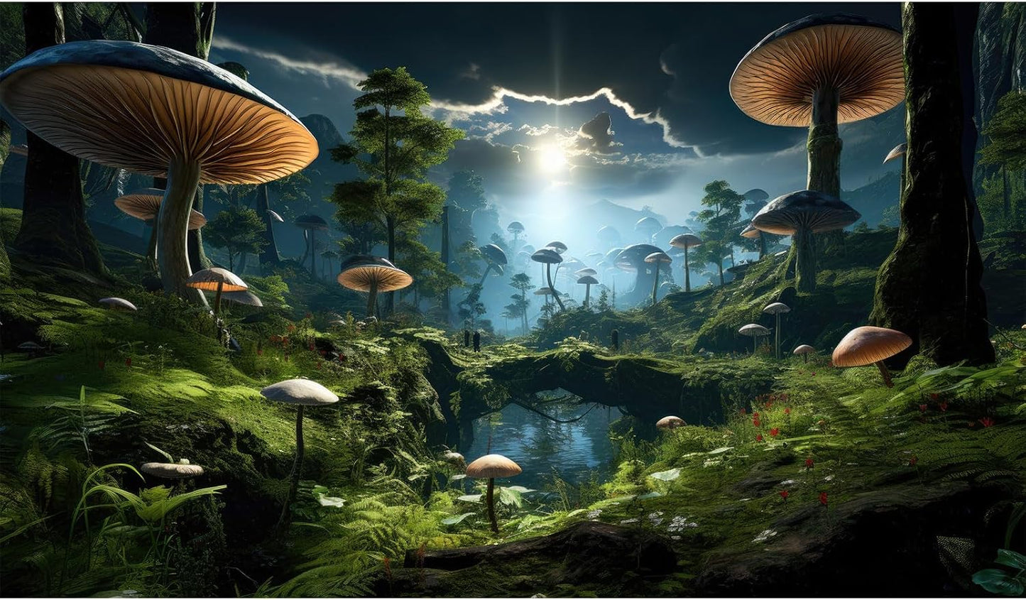 Fantasy Mushrooms Landscape Aquarium Background Tranquil Stream Cloudy Sky Terrarium Background Lush Green Tropical Plants Trees Fish Tank Backdrop Decoration Tank Background Poster 60x24in