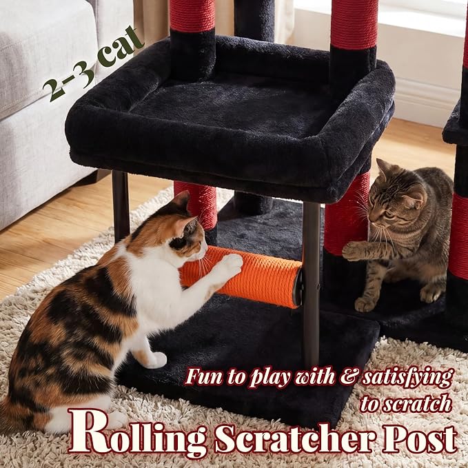 Hey-brother Cat Tree, 68.5 inch Cat Tower with L-Shaped Extended Base, Multi-Level Furniture with 2 Spacious Candos, 2 Platforms, 11 Scratching Posts, Hammock and Toy Ball,Black and Red MPJ086BR