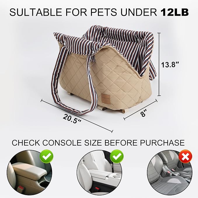 Small Dogs Under 12 lbs Adjustable Portable Center Console Car Seat, Built-in Bubble wrap, Fits Most Cars & SUVs with Convenient Handbag Functionality, Stylish Travel Pet Bag (Beige)