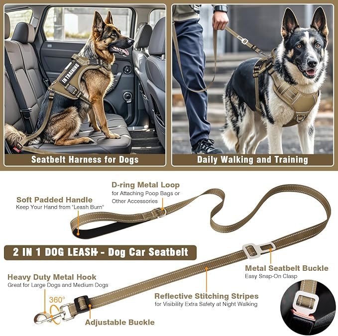 Tactical Service Dog Vest Harness and Leash Set with 10 Patches Brown L