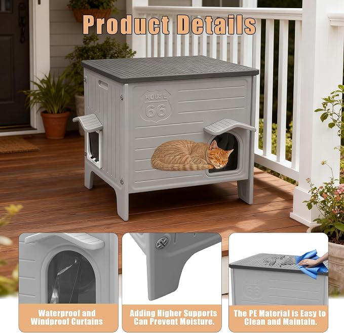 Plastic Cat House with Insulated Liner for Winter, Waterproof | with Escape Door, Outdoor Cat House for Feral Cats, Outside Cat Shelter for Small Pet, Assemble Easily