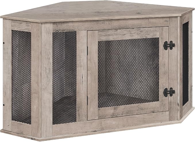 MAHANCRIS Corner Dog Crate Furniture, Wooden Dog Kennel End Table, Decorative Pet Crate Indoor Use, Furniture Style Dog House for Small Medium Dog, Dog Cage TV Stand, Greige and Black DCHG0801
