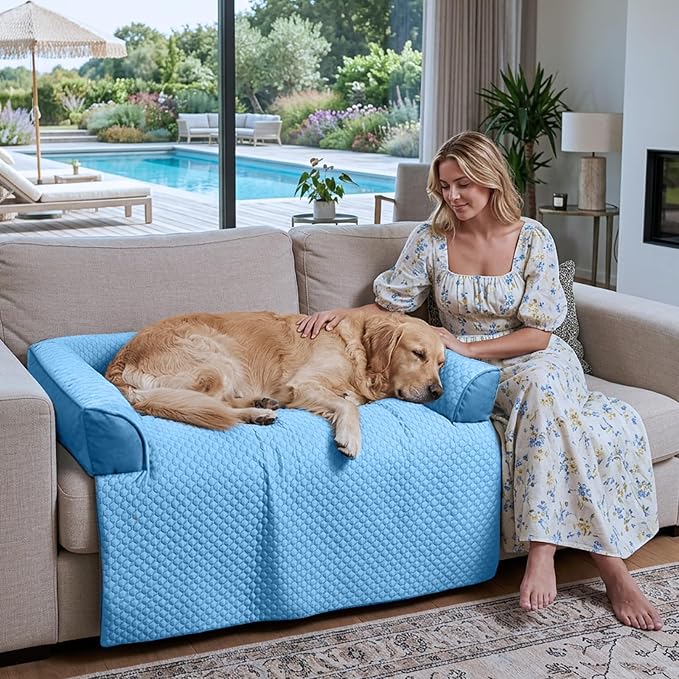 GGIB Cooling Dog Bed Mat with Bolster Pillow Washable Dog Couch Cover Breathable Summer Pet Couch Bed Protector Indoor(Extra Large, Cooling Blue)
