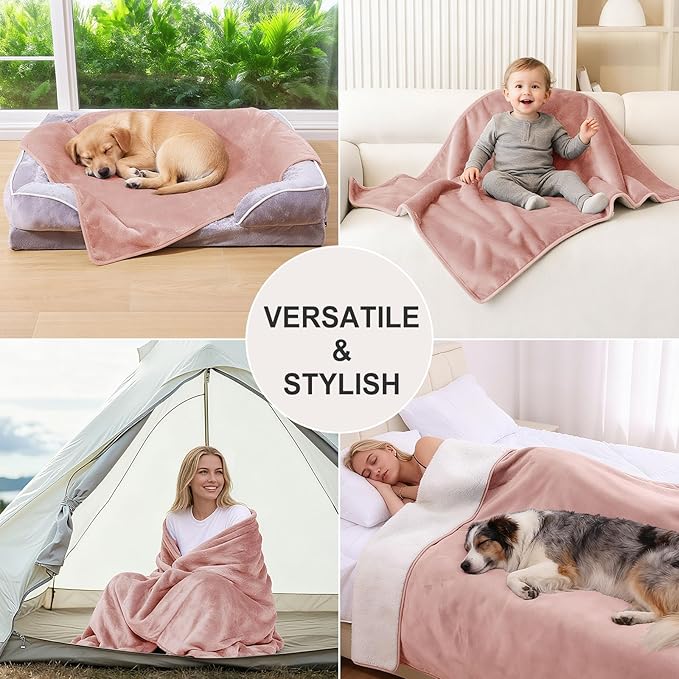 Smiry Waterproof Dog Bed Blanket, Leakproof Pet Throw Blanket for Bed Couch Sofa, Reversible Sherpa Fleece Furniture Protector Cover for Small Medium Large Dogs Cats (Dusty Pink, 60x80 inches)