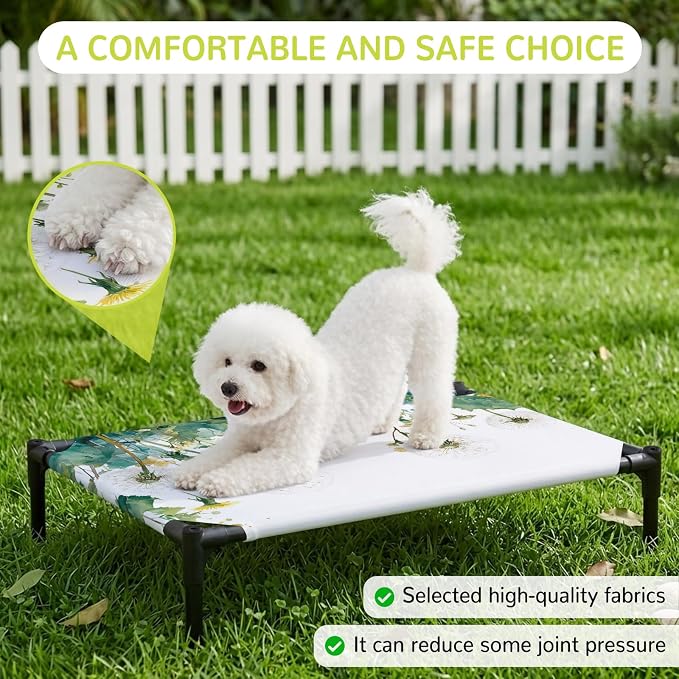 Outdoor Elevated Dog Bed for Medium Dogs, Hanging Dandelions Breathable Cooling Raised Dog Cot for Indoor/Outdoor, Green Leaves Botanical Flower Minimalist Waterproof Elevated Pet Beds, M 24 x 20 in