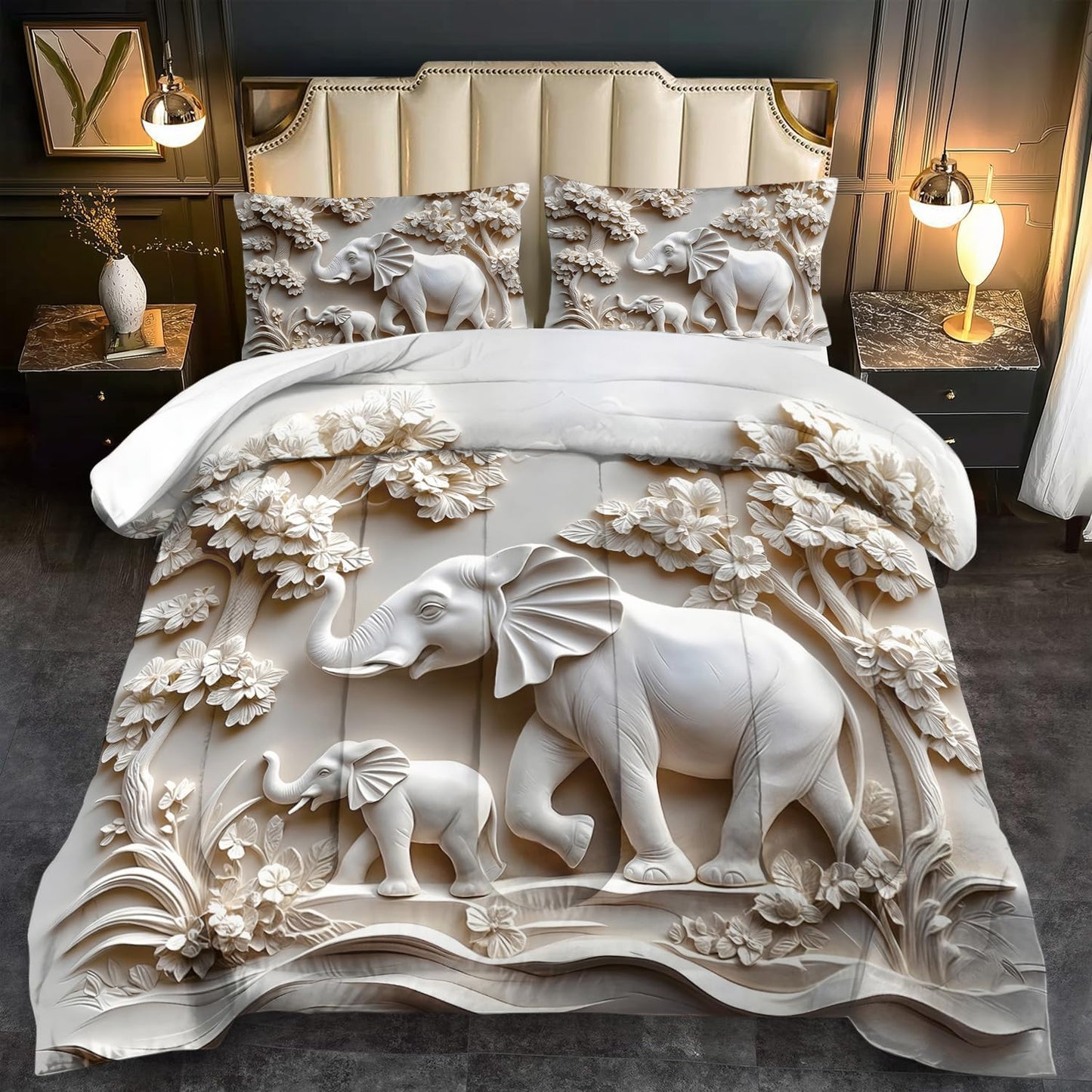 Elephant Comforter Set Queen Adult, White Animal Bedding Set Queen for Man, Cute Animal Comforter for Kids,Elephant Quilt Pattern White Bedroom Decor Womens, Relief Bedding