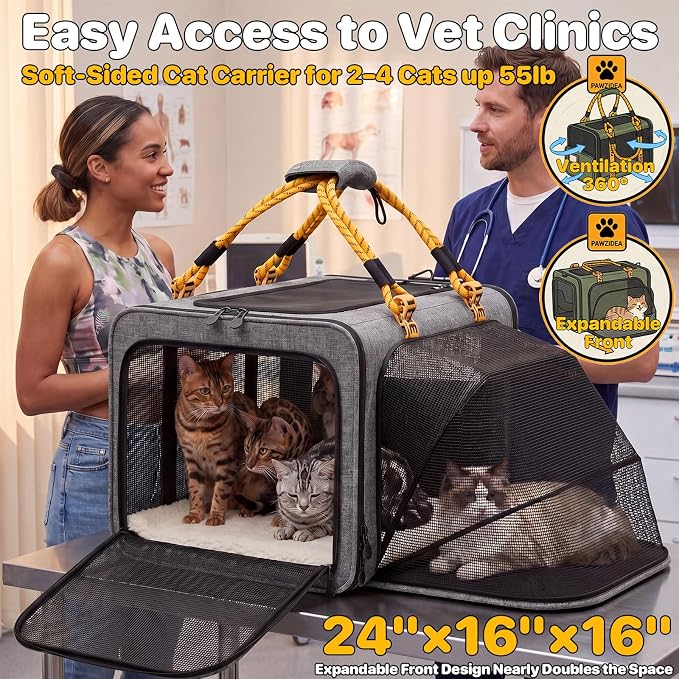 PAWZIDEA Expandable Large Pet Carrier with Wheels, 24x16x16 in Rolling Cat Carrier for 2–4 Cats up 55lb, Soft-Sided Collapsible Small Medium Dog Crate for Car Travel, Telescopic Handle, Storage Pocket