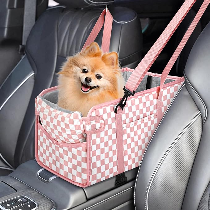 Console Dog Car Seat for Small Dogs, Foldable Booster Seat, Pink Checkered | Portable Booster Seat Sits On Car Console/ Armrest. Foldable for Easy Storage. for Center Console, Easy To Clean.