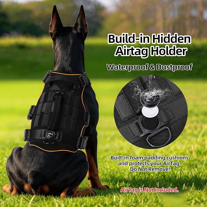 Reflective Tactical Dog Harness with AirTag Holder&3 Pet Patches, Black L | Heavy Duty No Pull Dog Harness, Adjustable Dog Harness, Two Handles, Breathable Mesh Padding, Resists Dirt and Stay Clean