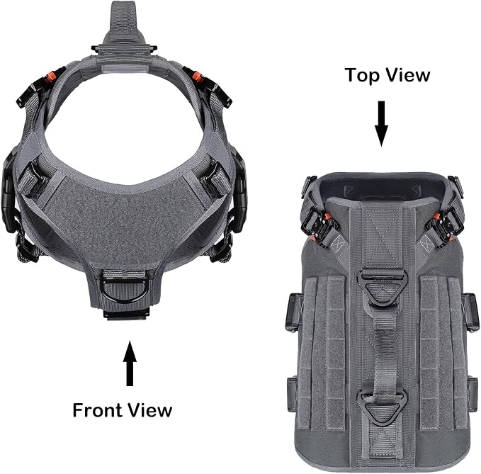 ICEFANG No Pull Tactical Dog Harness for Medium Dogs,Adjustable Dog Vest | Control Handle,MOLLE Panel,Front Hook,3 Leash Clips,Soft Padded,for walking training,Grey,Medium