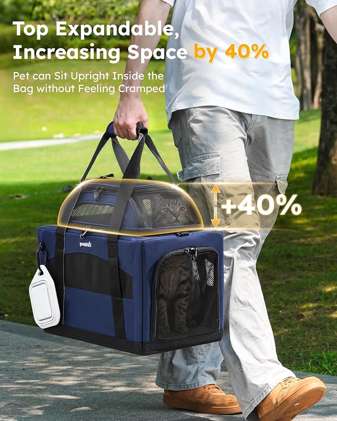 Pecute Top Expandable Cat Carrier Sturdy Pet Bag with 5mm Anti-Collapse Steel Frame, Soft Dog Carrier for Car Travel Vet Visits Outdoor Hammock,Foldable Travel Crate with Leakproof Pee Pad & Bowl,Blue