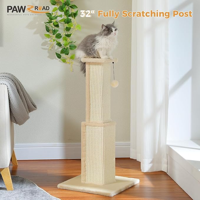 PAWZ Road Cat Scratching Post 32” Tall Square Cat Scratcher - Beige | Heavy Duty Cat Post with 16x16”Large Base Covered Sturdy Woven Sisal Scratcher and Cat Toy Ball for Adult and Indoor Cats