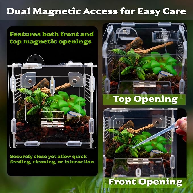 Jumping Spider Enclosure, Small Reptile Terrarium for Tarantula Hermit Crab Praying Mantis, Acrylic Insect Habitat with Magnetic Front & Top Opening (4.52" x 4.52" x 4.52")