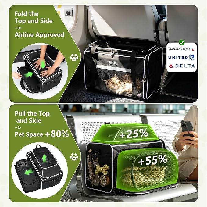 Lekereise Top and Side Expandable Pet Carrier 18x11x11Inch Delta American United Airline Approved Soft Sided Underseat Travel Carriers for Small Dogs Cats with Locking Safety Zippers Anti-Scratch Mesh