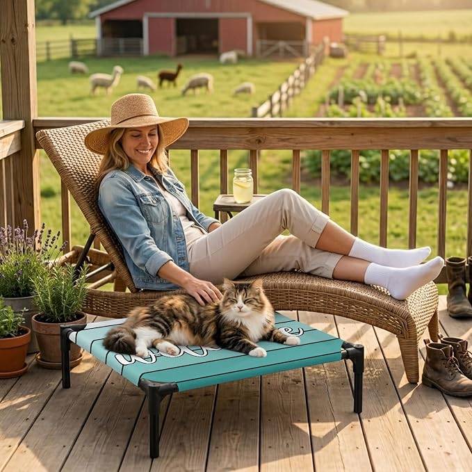 Outdoor Elevated Dog Bed for Small Dogs, Teal Green Wooden Grain Breathable Cooling Raised Dog Cot for Indoor/Outdoor, Gradient Farmhouse Wood Plank Waterproof Elevated Pet Beds, S 20 x 20 in