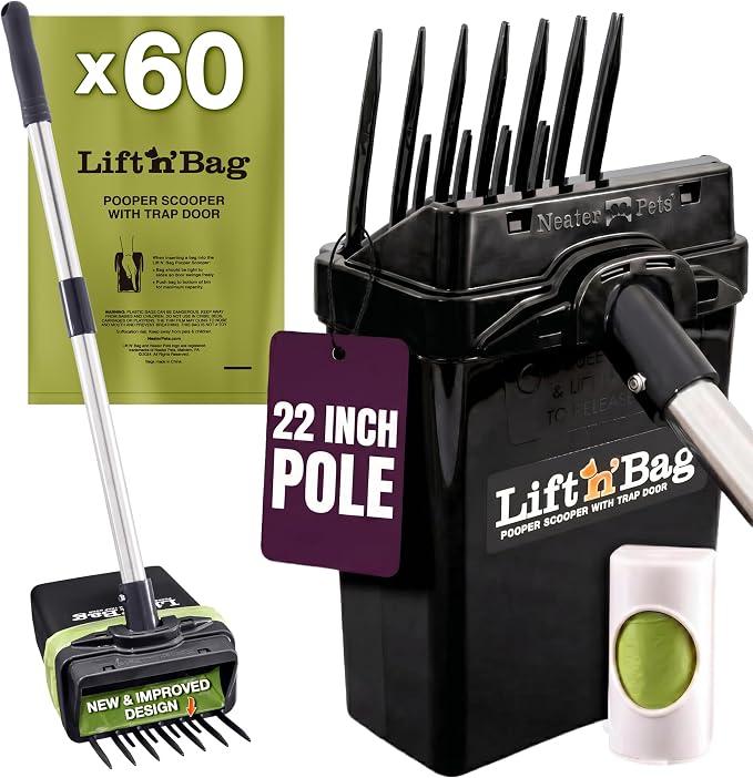 Neater Pet Brands Lift N’ Bag 2.0 Dog Pooper Scooper with Bag Attachment & 22" Pole for Small to Large Dogs, New & Improved Design, 60 Refill Bags, Heavy Duty Dog Poop Scooper for Yard, One-Hand Use