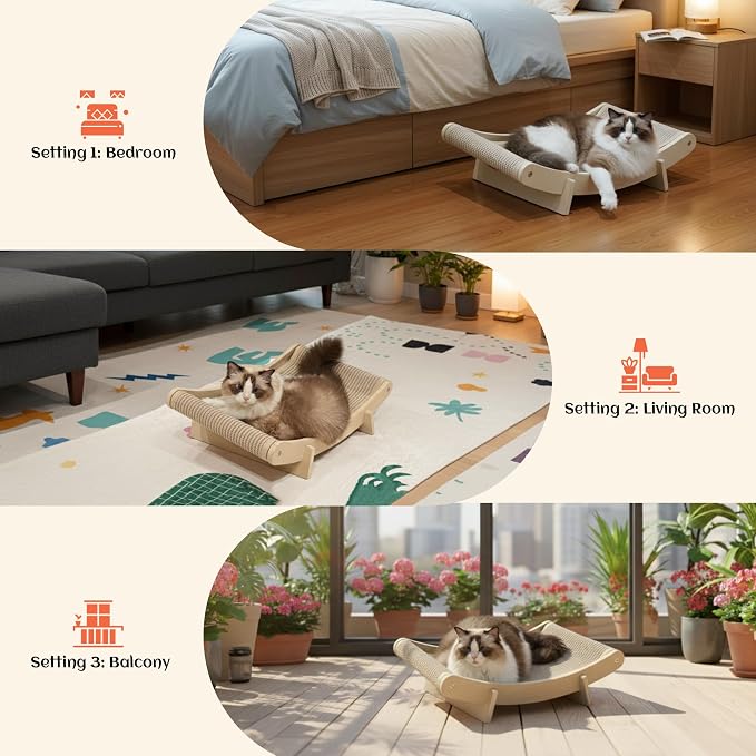 PETKARAY Inclined Sisal Cat Scratcher Bed, Curved Wooden Cat Hammock Chair, Large Scratch Pad for Indoor Cats, Cozy Cat Furniture Lounge