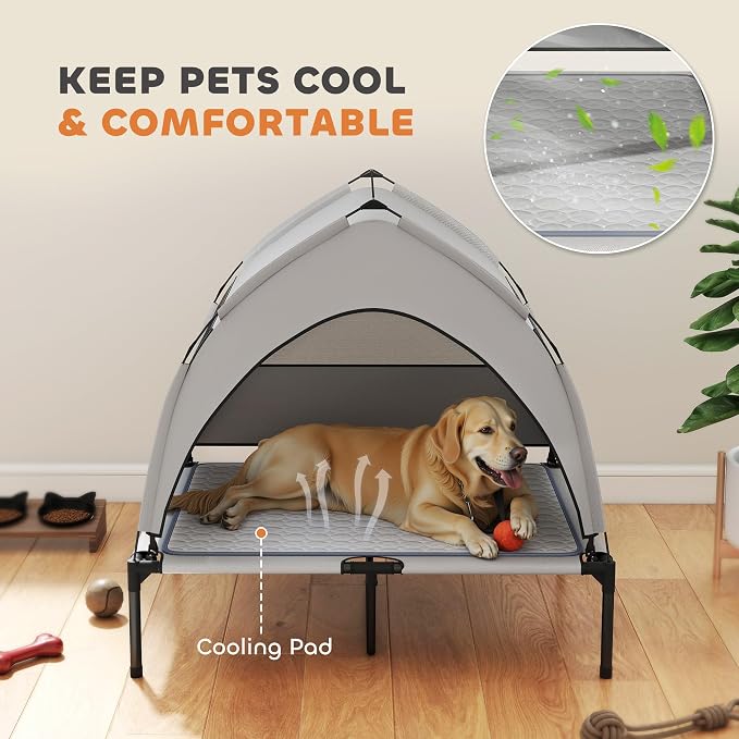 PawHut Elevated Dog Bed with Cooling Pad, 36" x 29.5" x 35", Light Gray | Raised Outdoor Pet Bed, Removable Canopy, Breathable Mesh, Storage Bag, Portable Pet Cot, for Indoor Outdoor Large Dogs