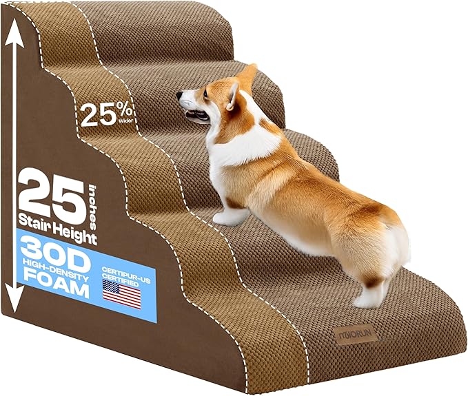 Extra Wide Dog Stairs for Large Dogs Up to 80lbs, 25" Pet Steps for High Bed with Washable Cover, 5-Step Foam Bed & Couch Ladder for Small Medium Dogs & Senior Cat, Coffee