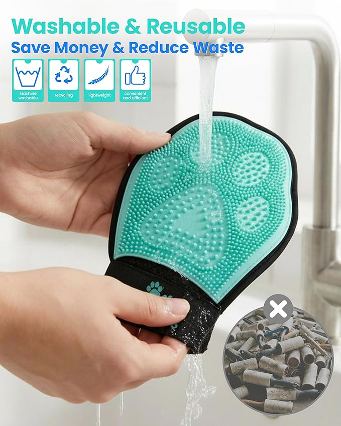 Cykurys Pet Hair Removal Glove for Dogs & Cats(2-Pack), 2-in-1 Double-Sided Pet Grooming Glove, Electrostatic Pet Hair Remover Glove for Clothes & Furniture + Silicone Brush for Deshedding Pets