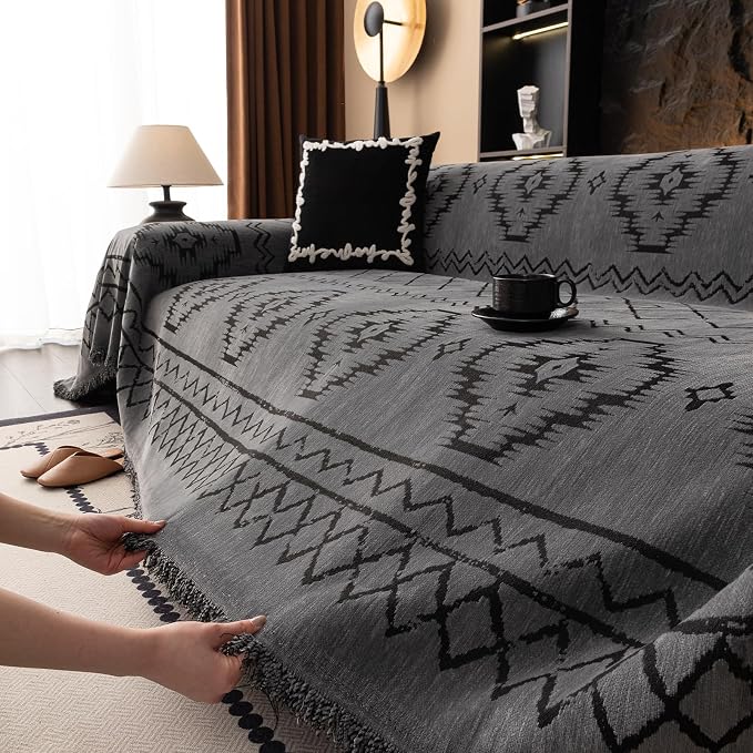 VClife Couch Cover Bohemian Tribal Sofa Cover Washable Sofa Protector, Non Slip Dark Gray Couch Covers for 2 Cushion Couch Sofa Thick Soft Chenille Sofa Slipcover 71"X118"