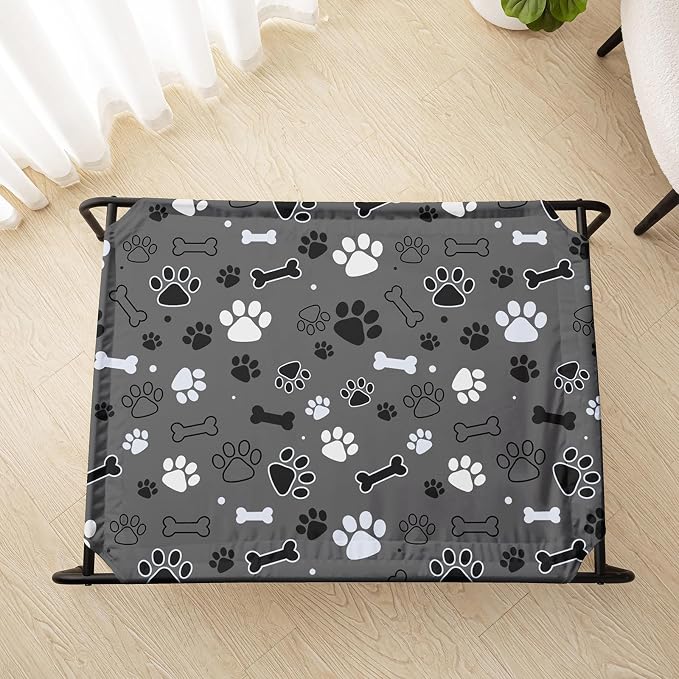QOOMO Elevated Dog Bed with Cooling Fabric, Pet Cot for Small and Big Dogs, Indoor and Outdoor Use, Joint Relief, Cute Printed Cushion Included (Black Paw Prints, 35.43" L*25.59" W*8.27" Th)