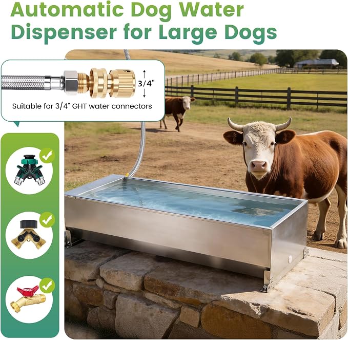 12Gal Automatic Livestock Water Trough, Stainless Steel Auto Dog Water Bowl Dispenser with Float Valve Kit, Self Filling Livestock Waterer Outdoor Extra Large Bowl for Dog Horse Goat Cow