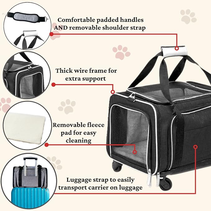 RUFF LIFE 101 Airline Approved Expandable Premium Pet Carrier on Wheels- Two Sided Rolling Carrier- Designed for Dogs & Cats- Extra Spacious Soft Lined Carrier! (Black) (RL-PET-CARRIER-WHEELS)
