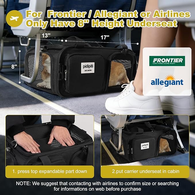 pidipiti 17x13x8 Frontier Allegiant Breeze Airline Approved top Expandable pet Carrier for Extra-Small Dog/Small cat up to 5 lbs(All Black)