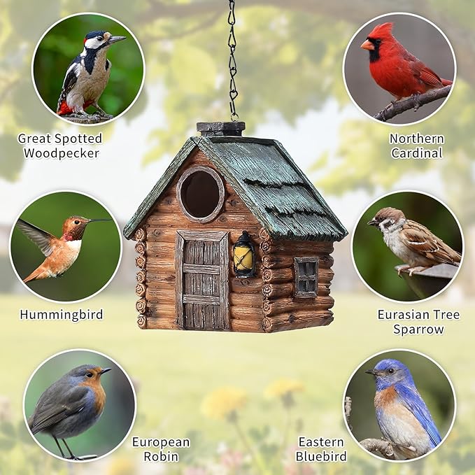 Bird Houses for Outside Real Wood-Look Resin Bird House with Hanging Chain – Waterproof & Durable Forest Birdhouses for Outdoors for Bluebird Finches Cardinals Bird Nesting Garden, Patio, Yard