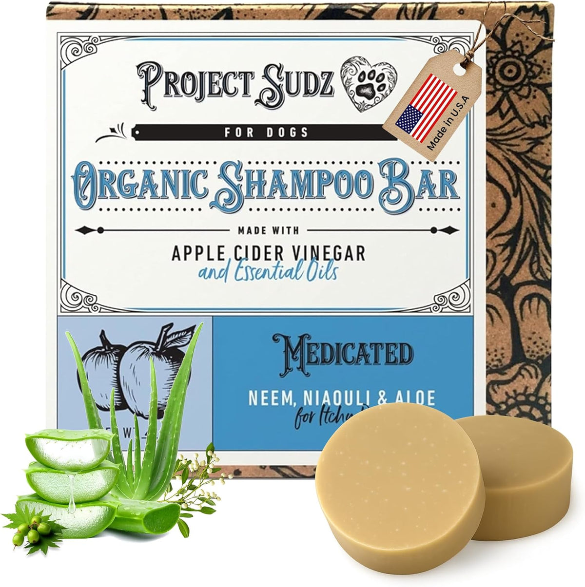 Medicated Organic Dog Shampoo Bar for Hot Spots, Dry Coat, and Allergies, All Natural Dog Shampoo with Neem, Aloe, and ACV, Eco-Friendly, Vet Recommended, 1 Bar for Sensitive Skin Relief