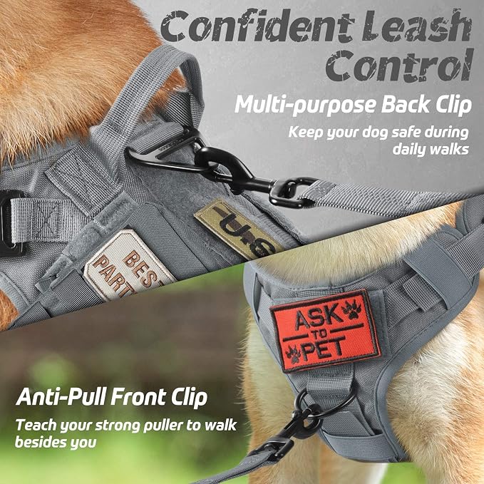 rabbitgoo Tactical Dog Harness for Large, Heavy Duty Military No Pull Vest | Sturdy Metal Buckles, 5 Adjustments, Molle System, Powerful Pullers for Training, Hunting, Outdoor, Grey, Large