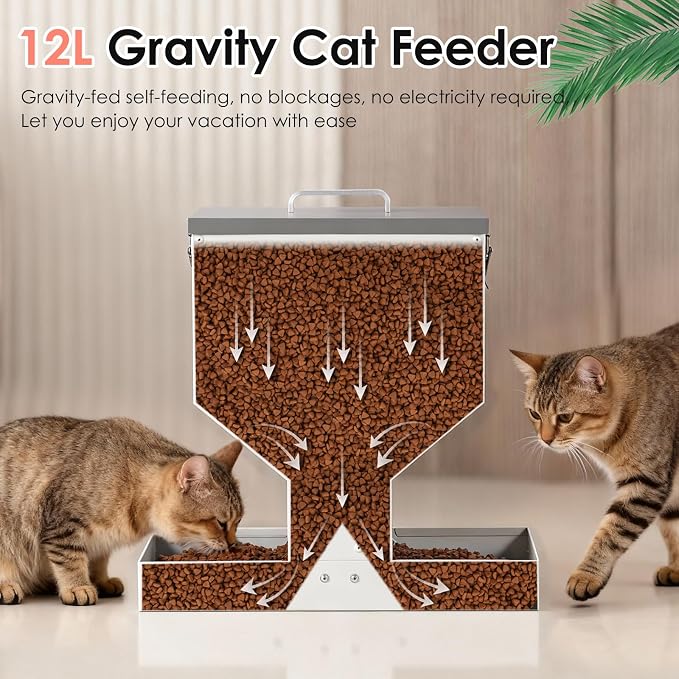 Gravity Cat Feeder 2 Cats - 12L Automatic Dual Cat Feeder | Outdoor Cat Feeder for Pet Cat Dogs, Sturdy Material, Lock design, Large Viewing Window, Portable, Easy to Clean