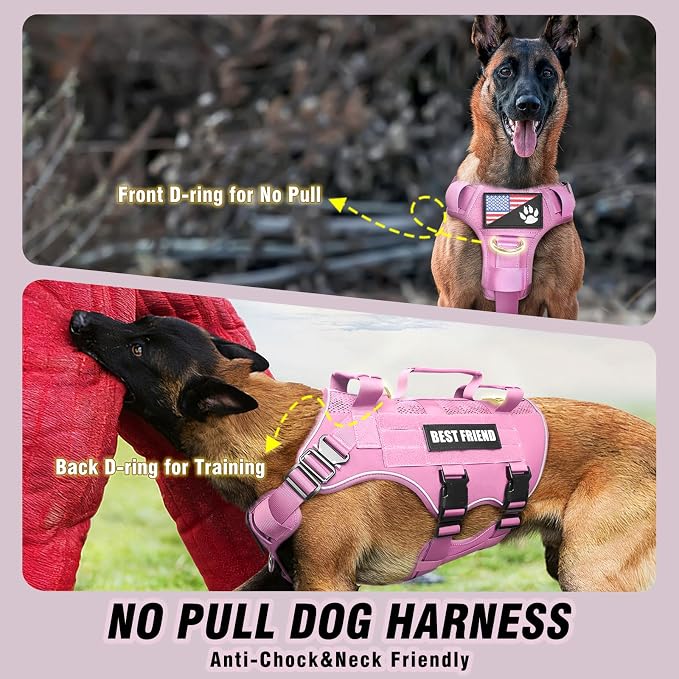 Air Mesh Tactical Dog Harness with Metal Buckles&MOLLE,Pink Medium | Breathable Adjustable No Pull Service Dog Vest with 3 Padded Handles,Military Dog Harness for Training Hiking Hunting Working