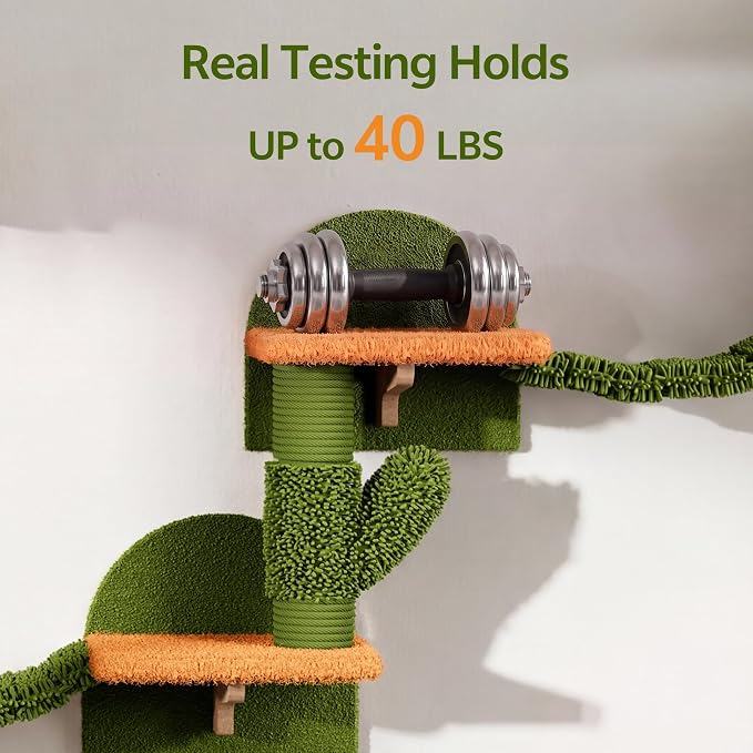 Cactus Floor to Ceiling Cat Tower, 10-in-1 Cat Wall Shelves, Green | Cats Tree with Adjustable Height(87-104 IN), Cat Climbing Wall Furniture Set for 16 Inch Drywall, with Scratching Post, Condo