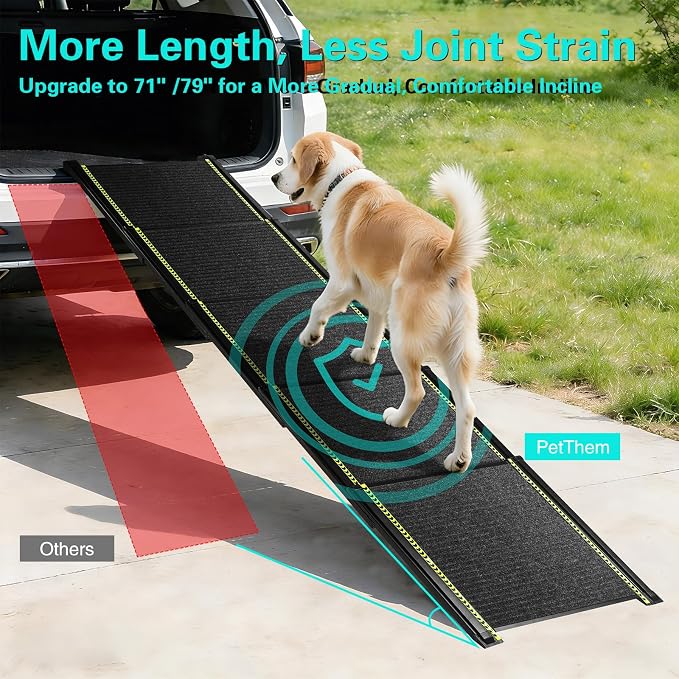 CypherX 71" Dog Ramp for Car SUV, Portable Folding Pet Ramp for Large Dogs | Gentle Incline Dog Car Ramp, Non-Slip Carpet Surface, Telescoping Anti-Pinch Pet Stairs, Sturdy Aluminum Supports 250lbs